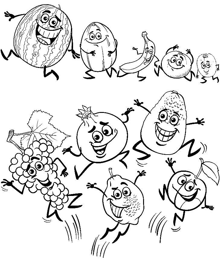 Funny Fruits Set Cartoon Coloring Page