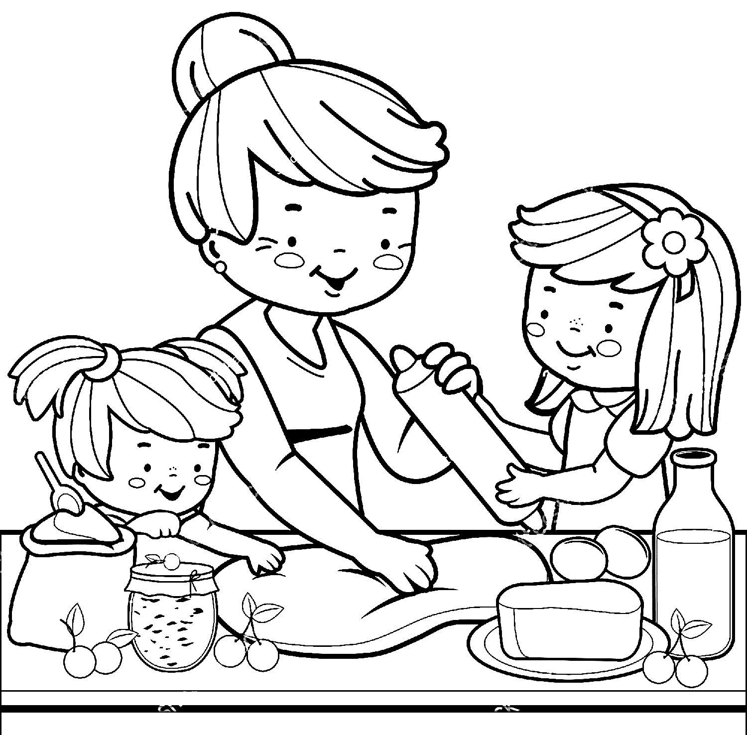 La nonna e i bambini preparano torte in famiglia