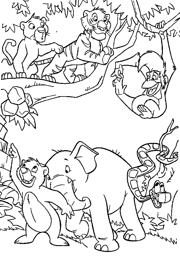 Happy Animals in Jungle Coloring Page