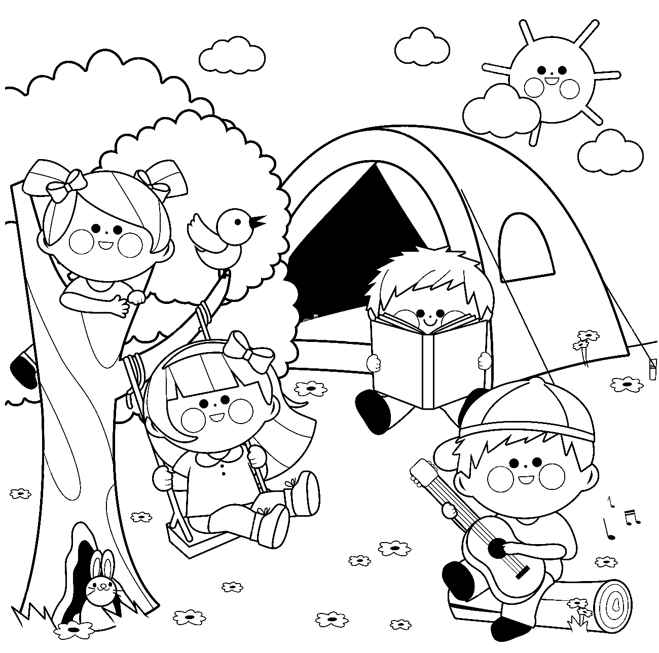 Coloriage enfants heureux en camping