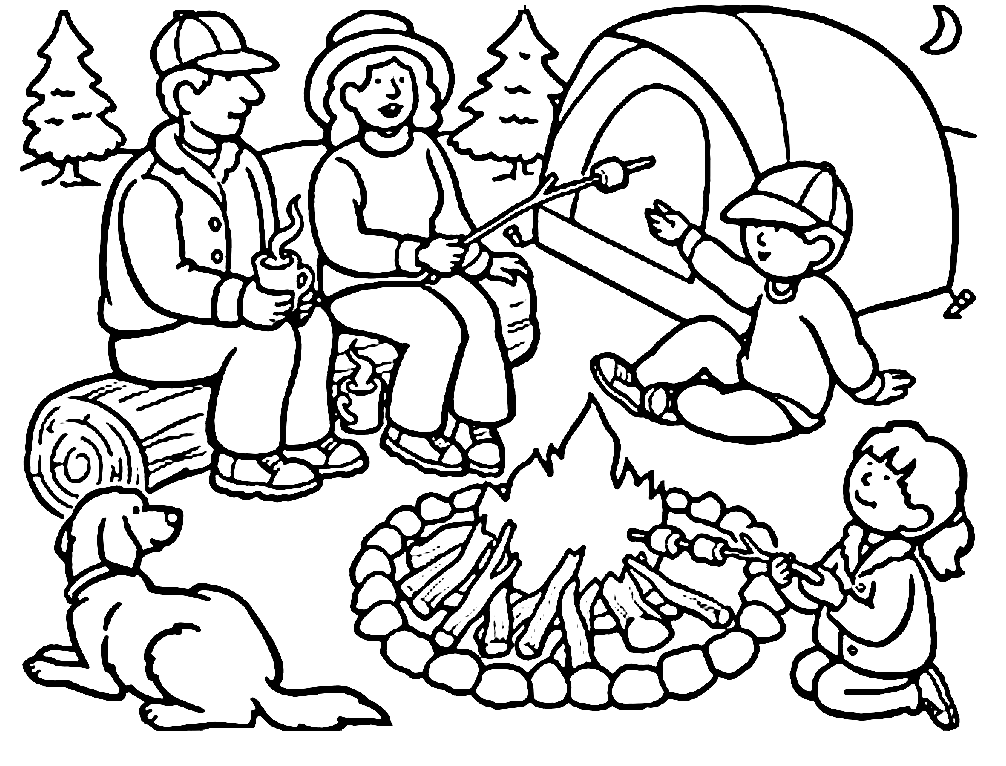 Familia feliz acampando página para colorear