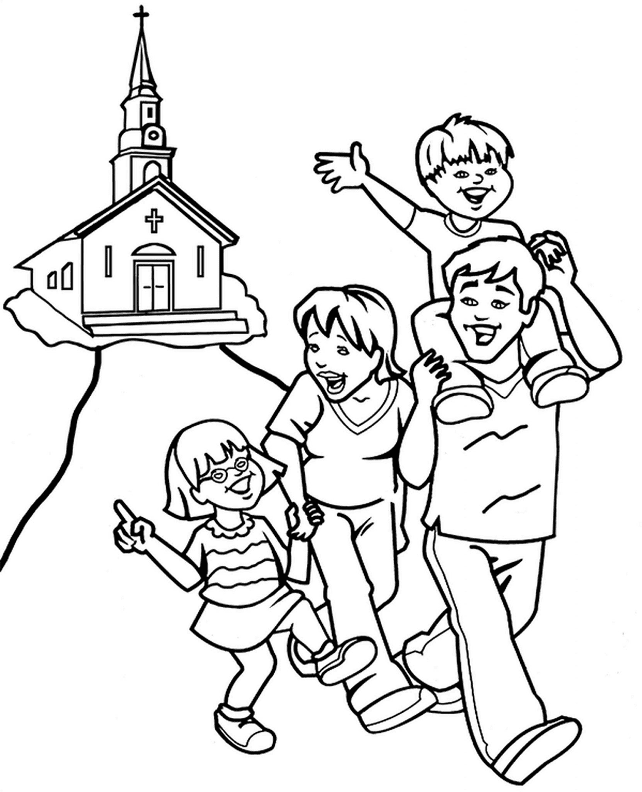 Família feliz voltando da igreja para casa da família