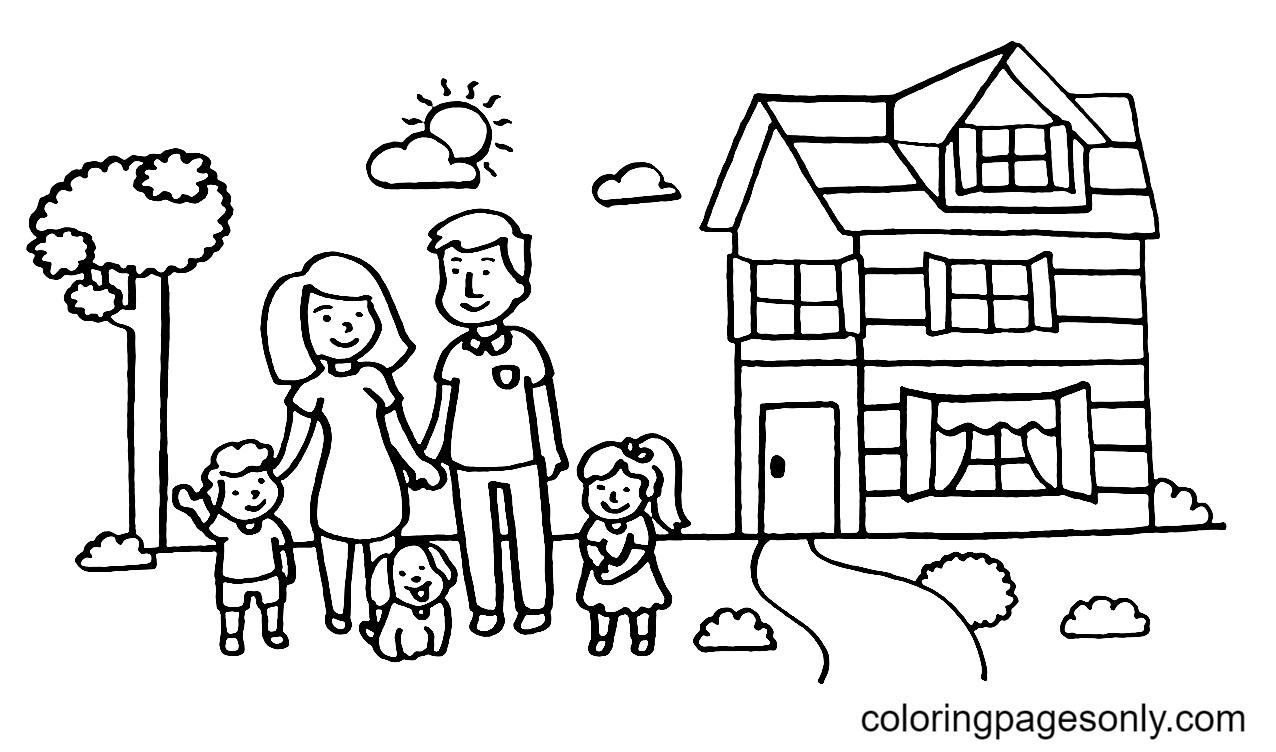 Família feliz perto de casa para colorir