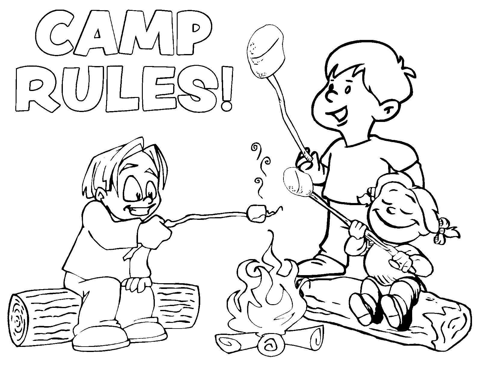 Página para colorir de acampamento de crianças felizes