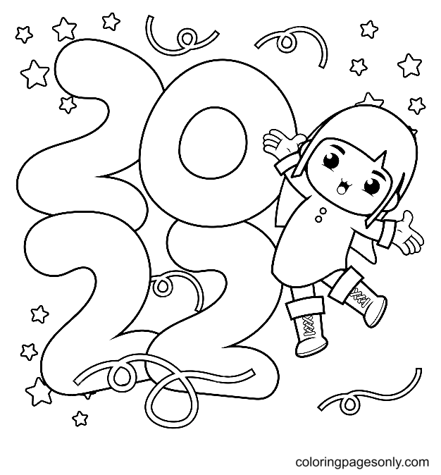 Happy New Year with Cute Girl Coloring Page