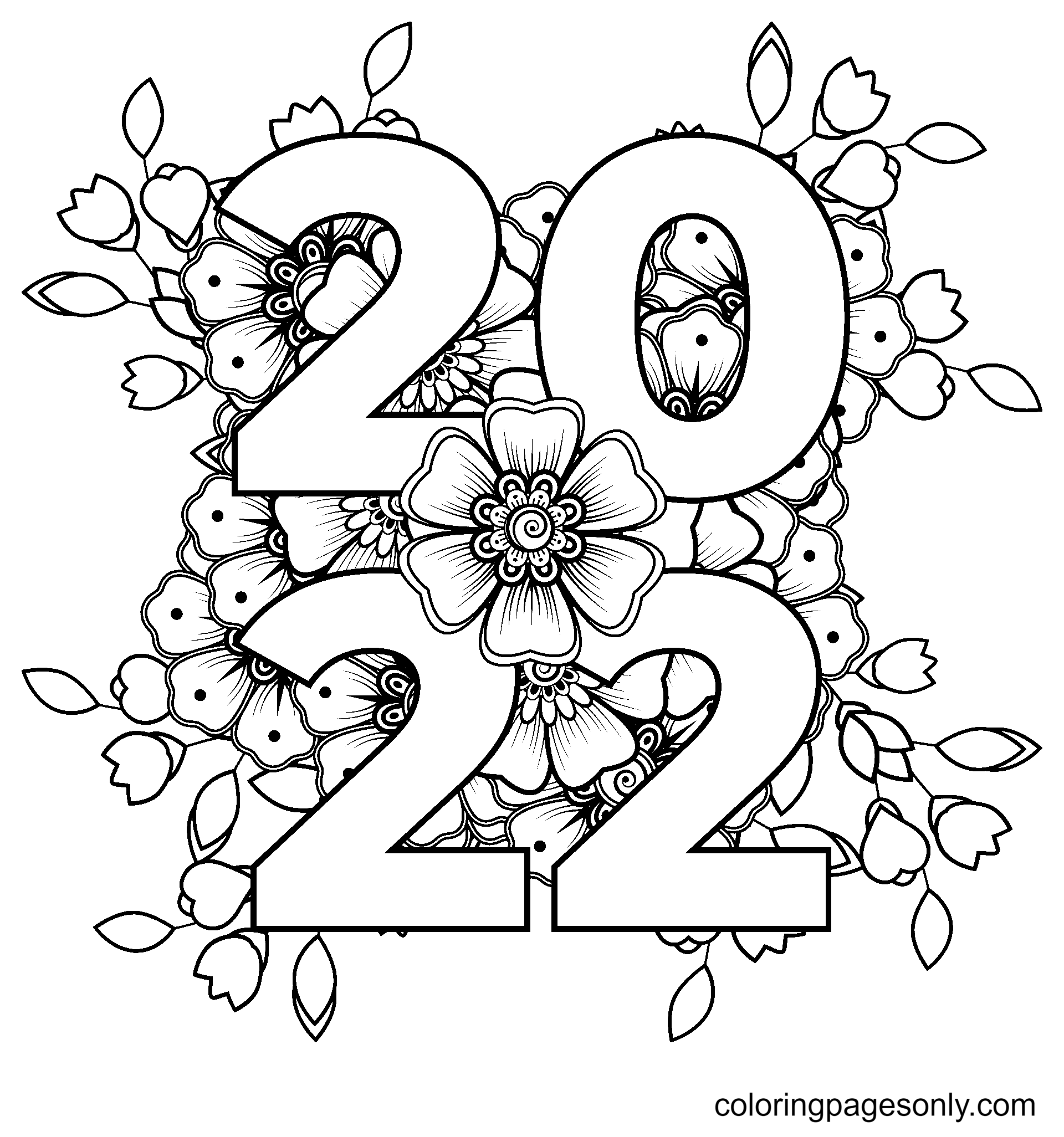 Happy new year 2022 banner with Flowers Coloring Page