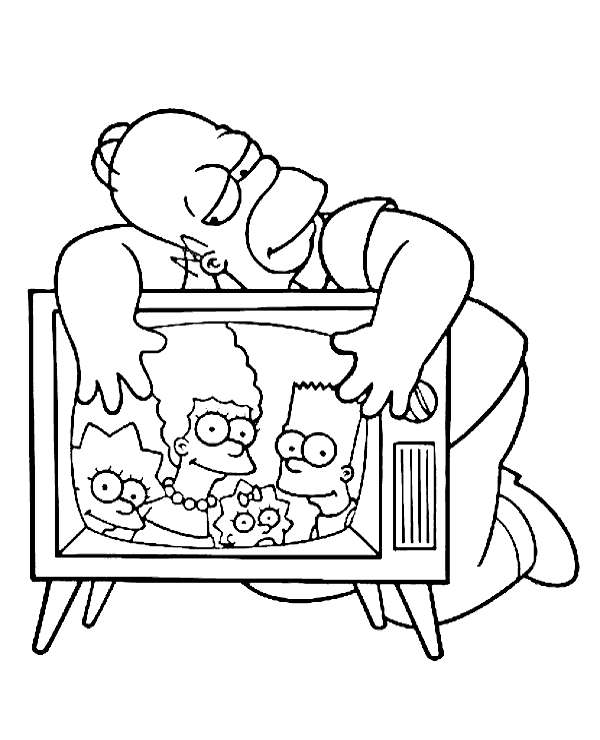 Homer Simpson met TV Kleurplaat