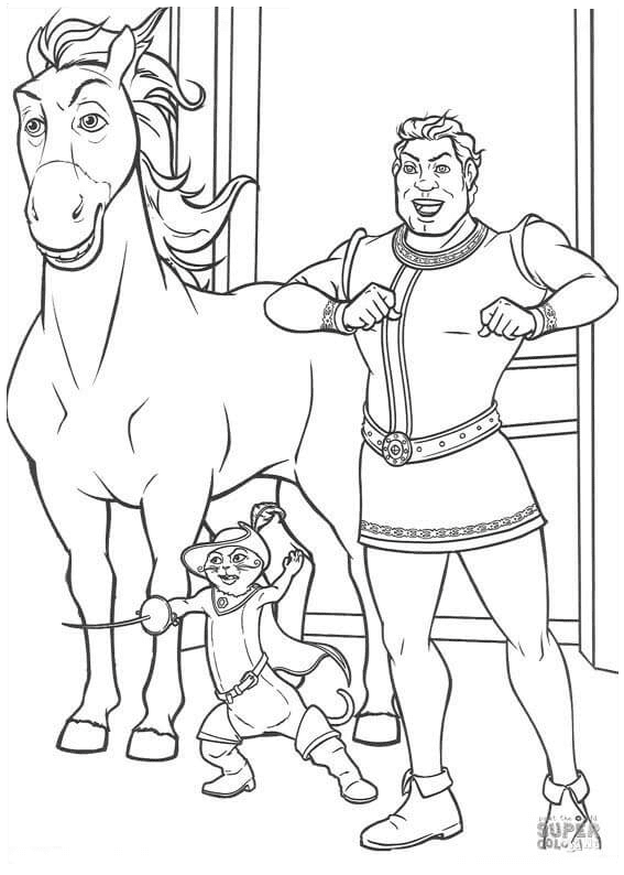 Horse, Shrek and Puss Coloring Page