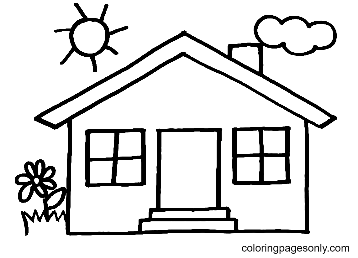 Página para colorir casa, nuvem, sol e flor