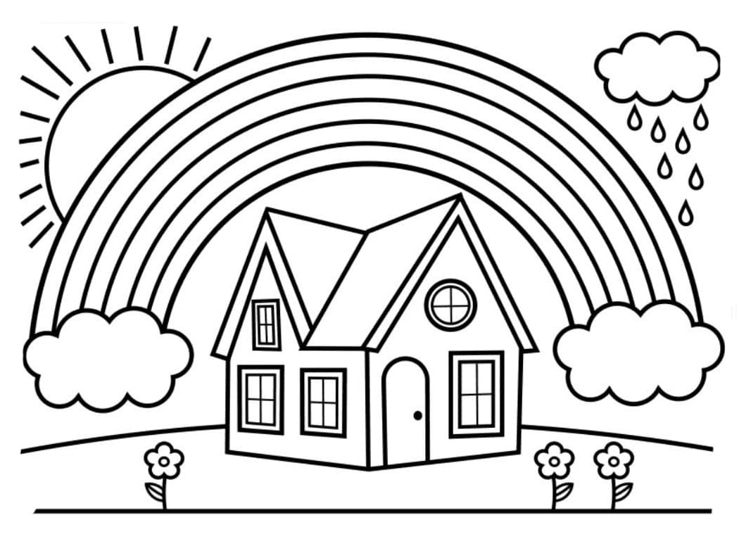 House and Rainbow Coloring Page