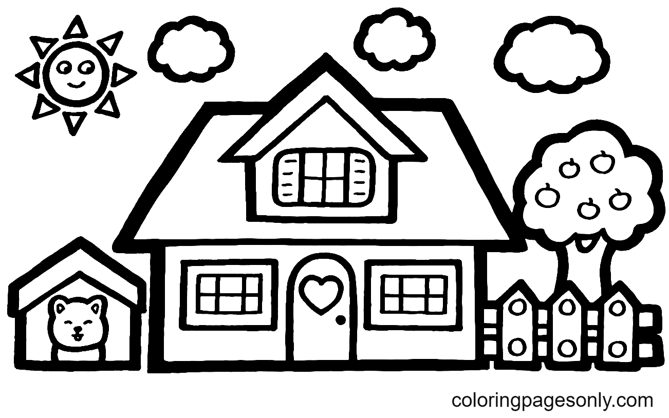 House and Sun for Children Coloring Page