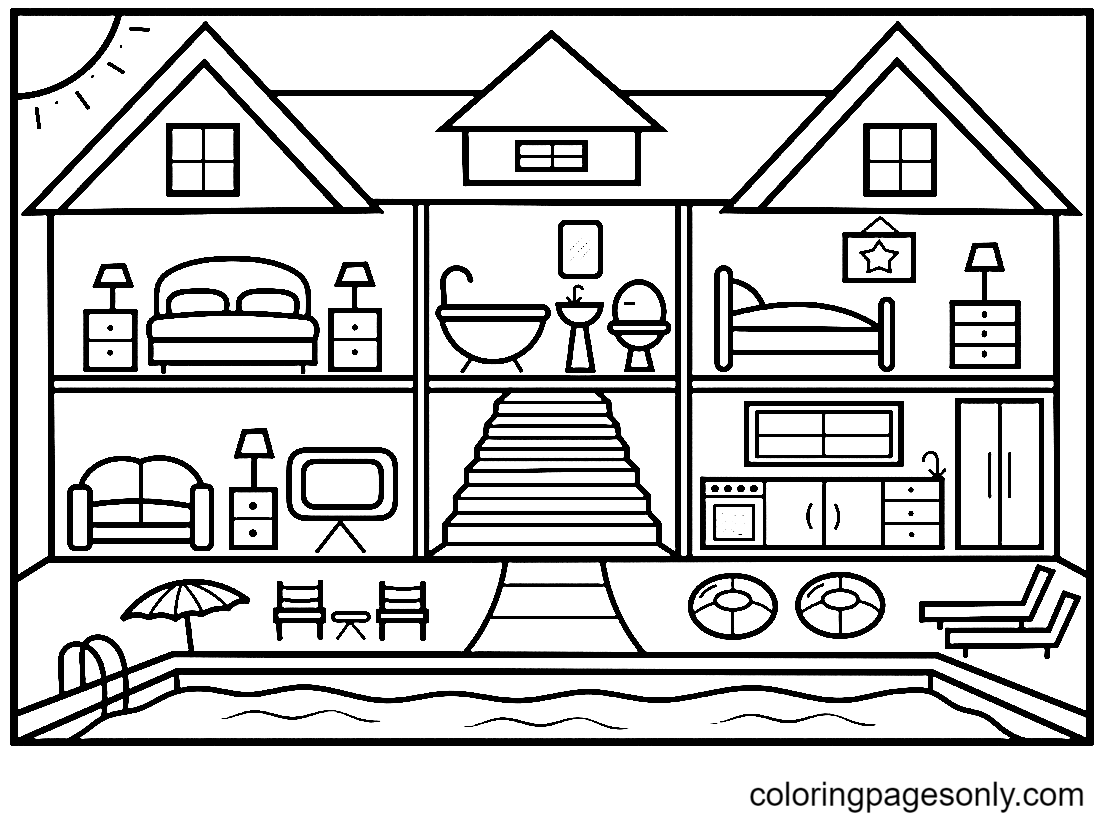 House with A Swimming Pool Coloring Page