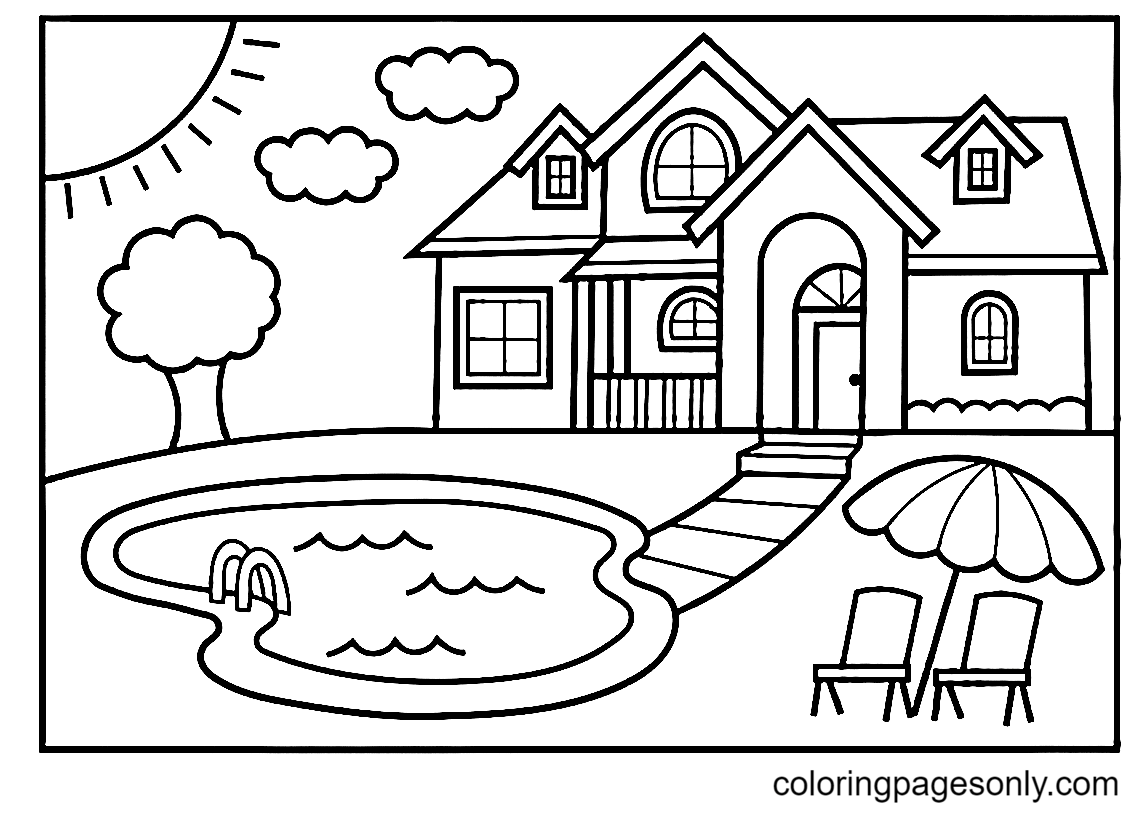 House with Pool Coloring Page