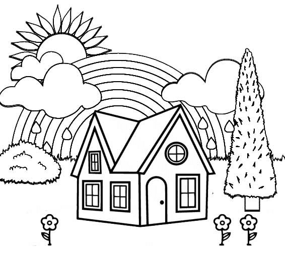 Coloriage maison avec arc-en-ciel