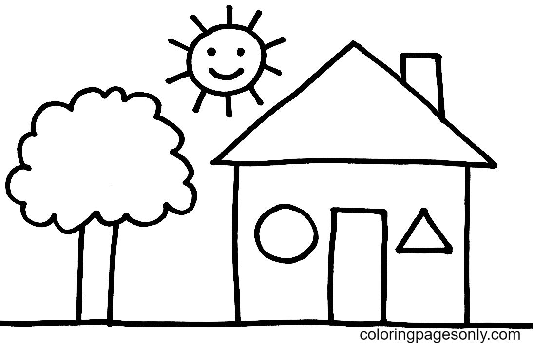 Página para colorear de casa con sol y árbol