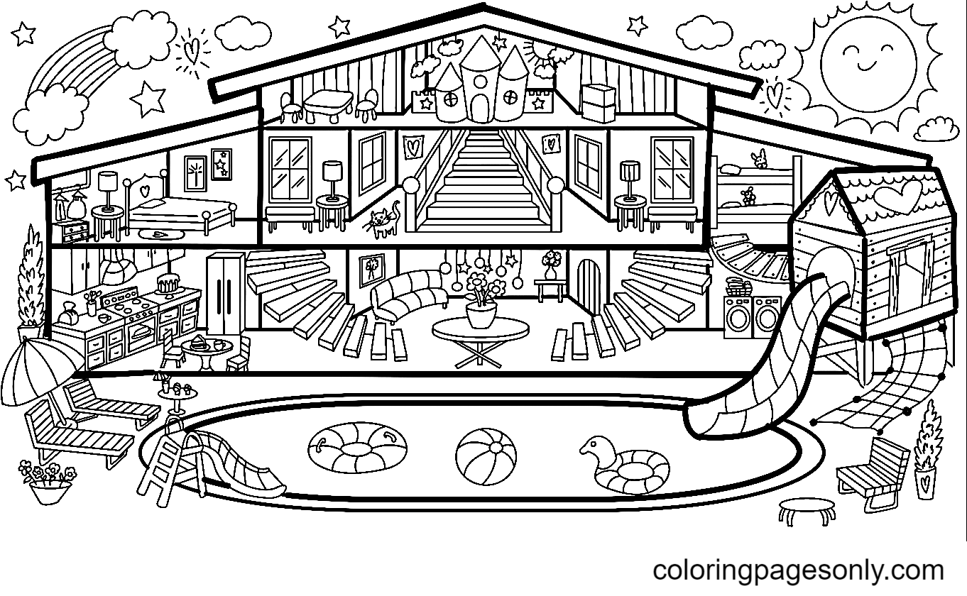 House with Swimming Pool Coloring Pages
