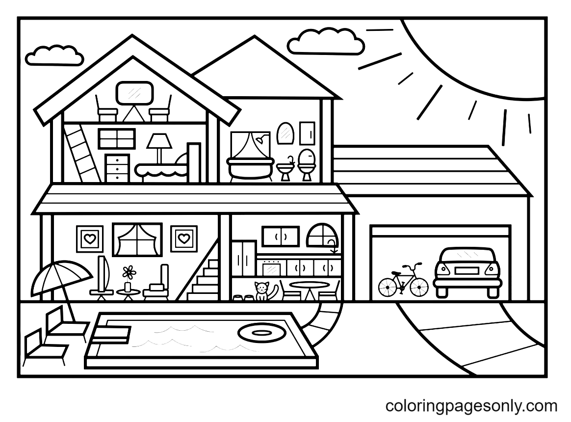 Casa con Piscina Página para Colorear