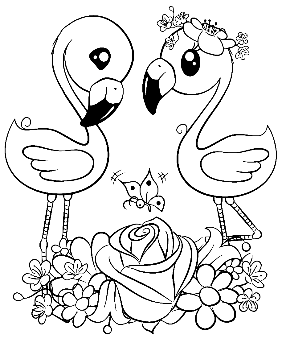 Kawaii flamingos in the Meadow Coloring Pages