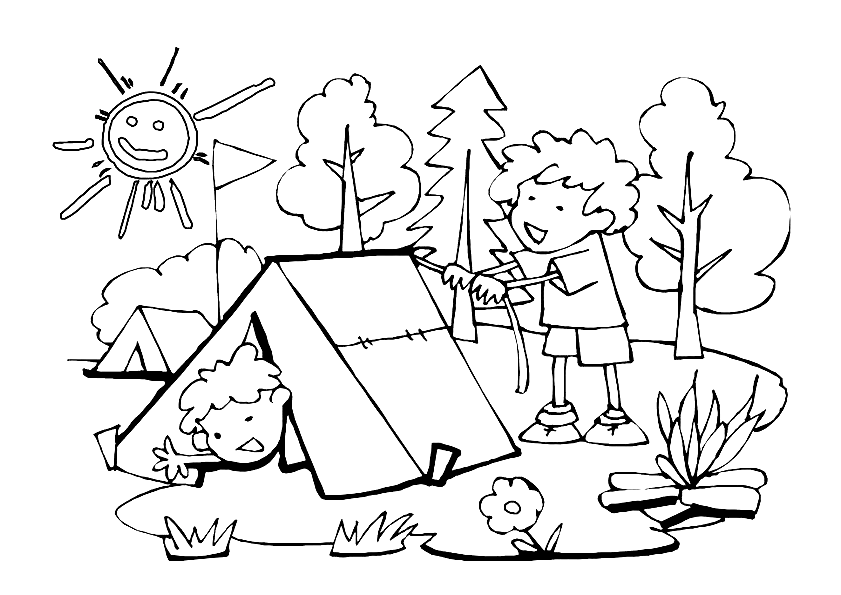 Pagina da colorare per bambini in campeggio
