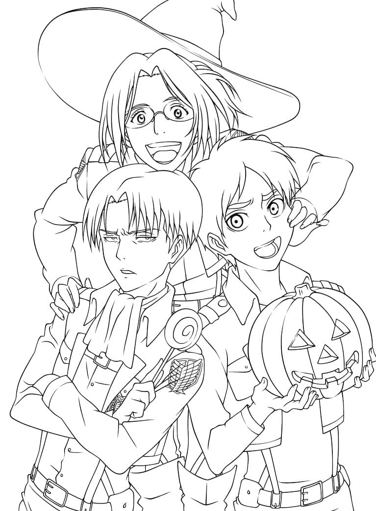 Levi, Eren and Hange on Halloween Coloring Page
