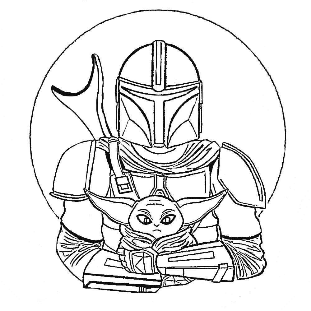 Mandalorian with Baby Yoda Coloring Pages