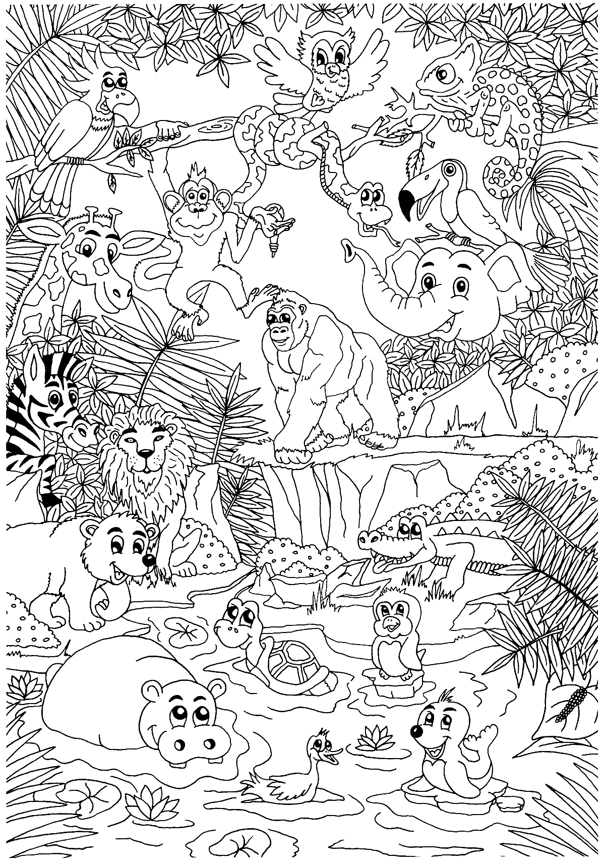 Many Jungle Animals Coloring Page