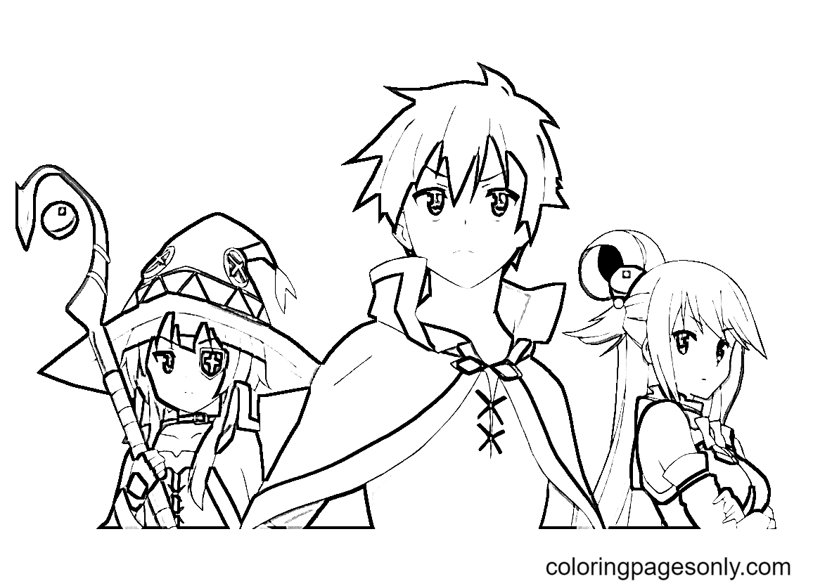 Megumin with Kazuma and Aqua Coloring Pages