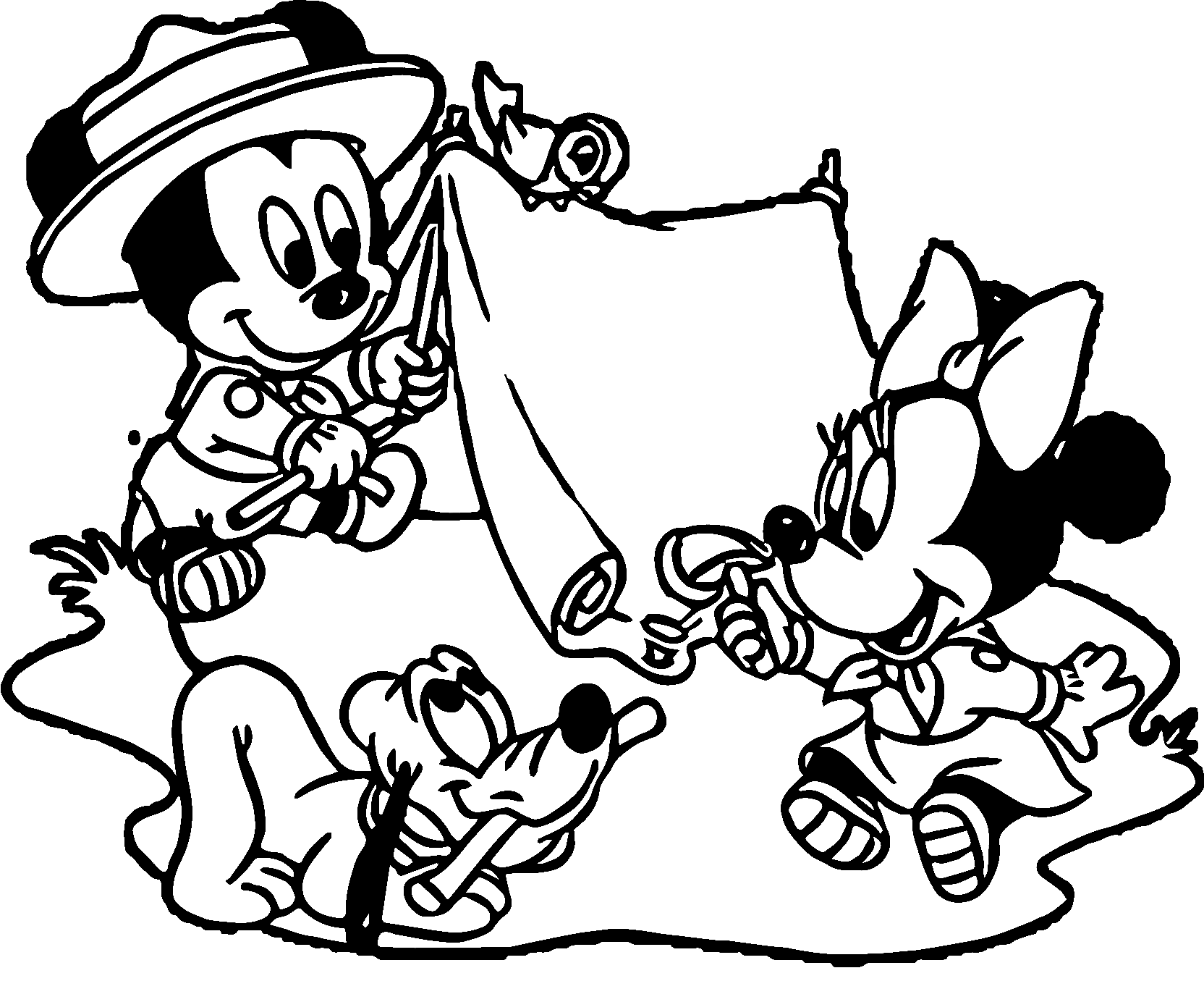 Desenho para colorir Mickey, Minnie e Pluto Camping