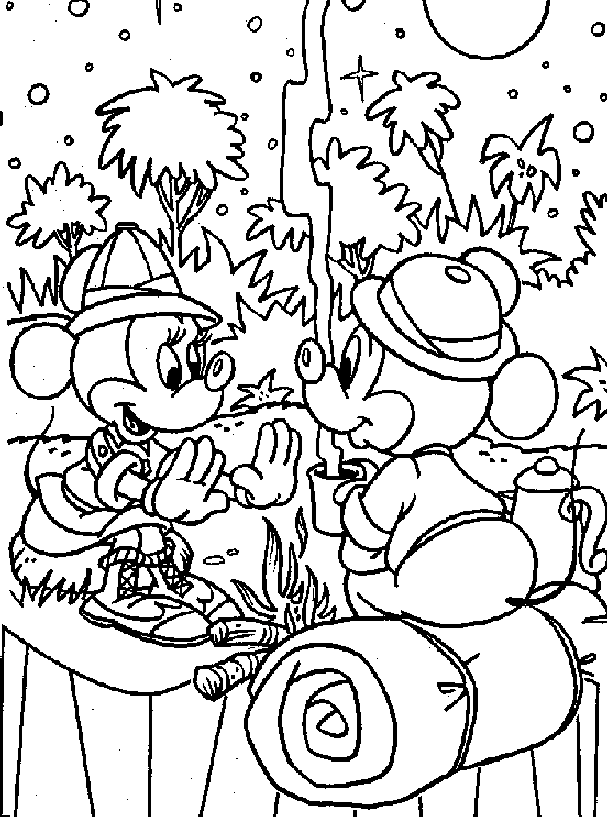 Pagina da colorare di Topolino e Minnie in campeggio