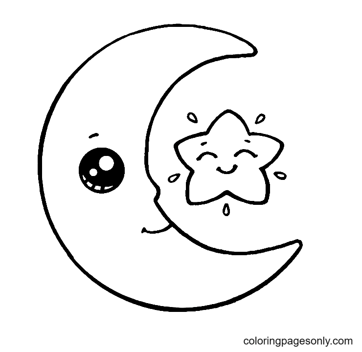 Moon and A Star Cute Coloring Pages