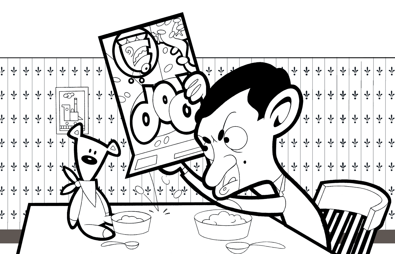Mr. Bean And Teddy Eating Coloring Page