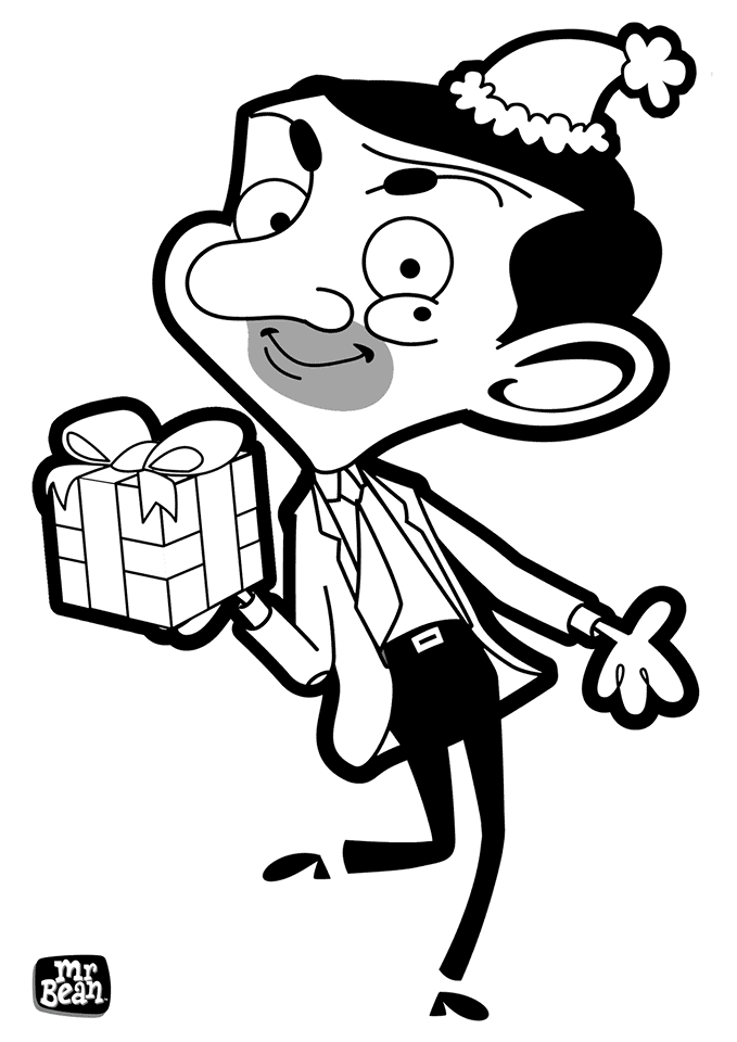 Mr. Bean With Gift Coloring Page