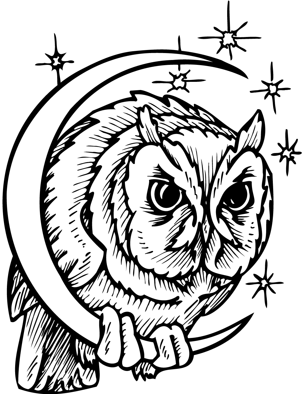 Owl in Crescent Moon Coloring Pages