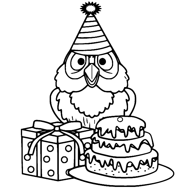 Owl with Birthday Cake Coloring Page
