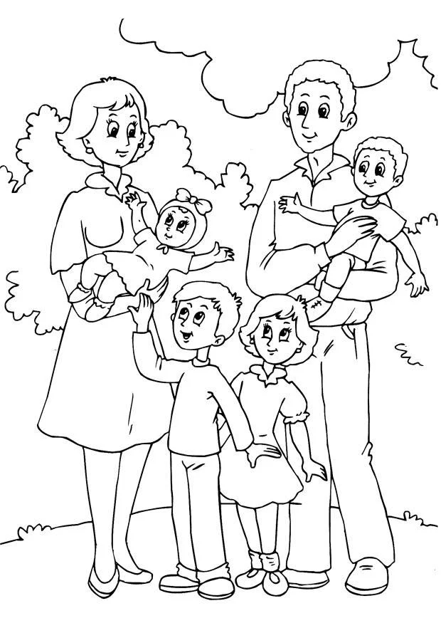 Genitori e quattro bambini da colorare