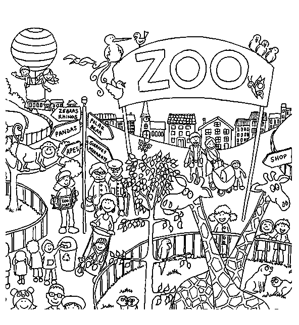 People Watching Animals in Zoo Coloring Page
