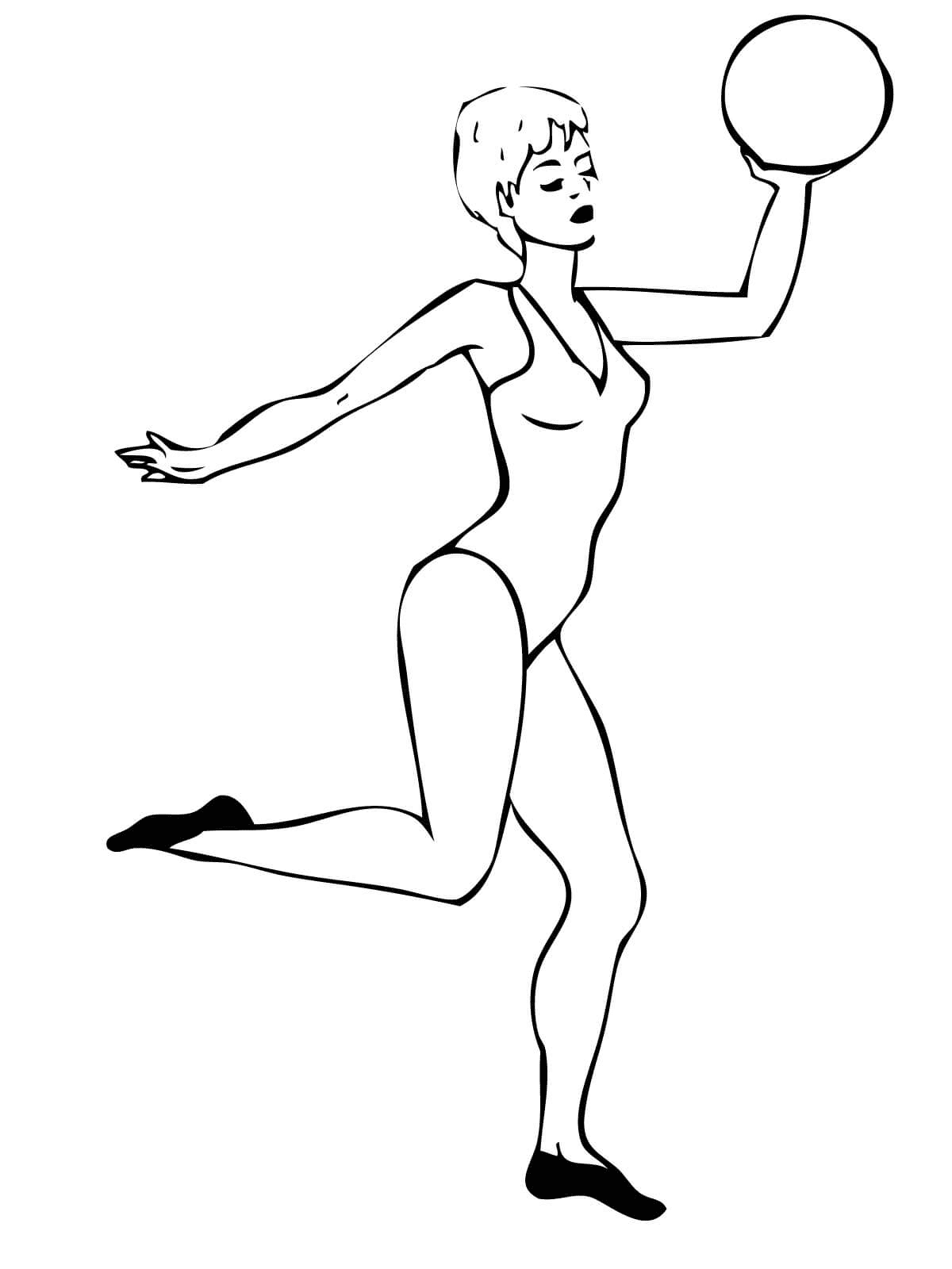 Página para colorear de gimnasta rítmica actuando con una pelota