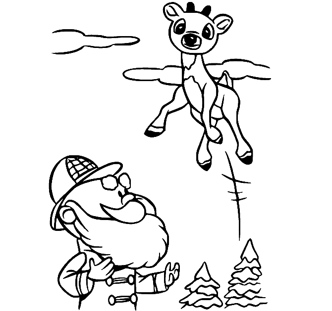 Rudolph Jumps out of Woods Coloring Page