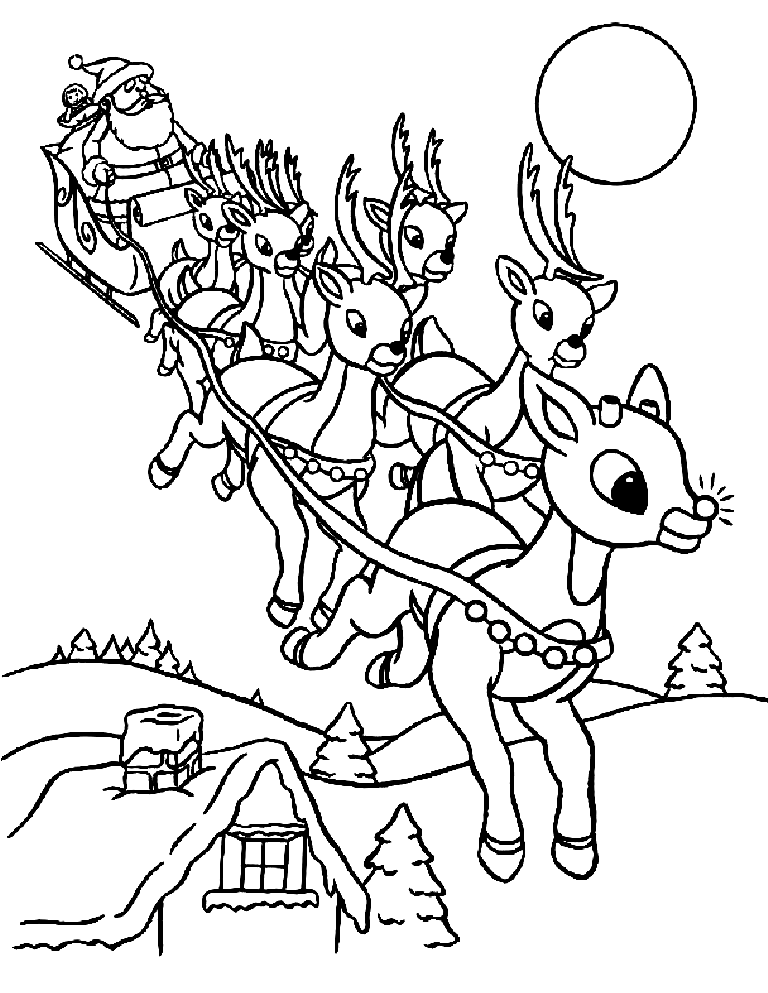 Rudolph Leading Santa’s Sleigh Coloring Pages