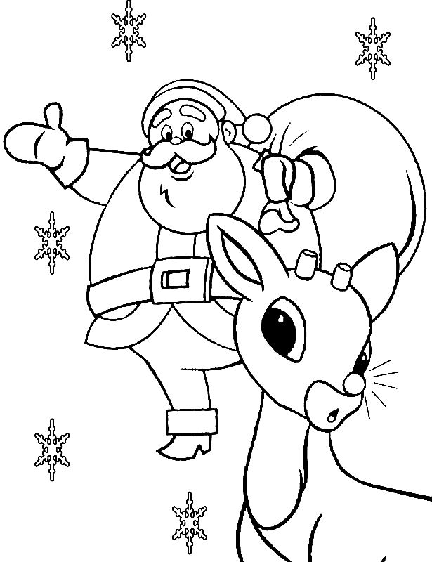 Santa with Rudolph Reindeer Coloring Page