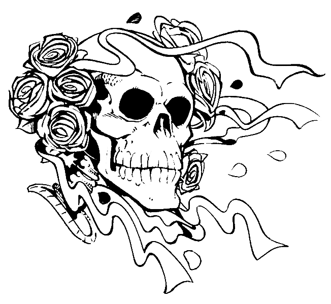 Scary Skull with Roses Coloring Page