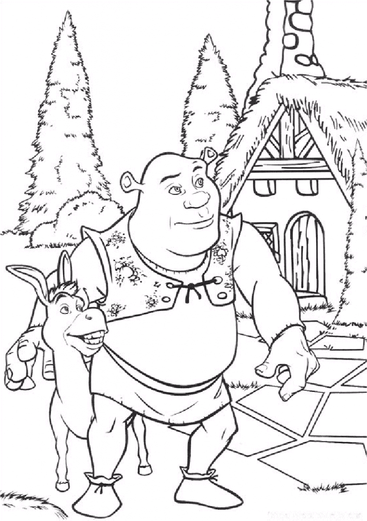 Sherk And Donkey near the house Coloring Page