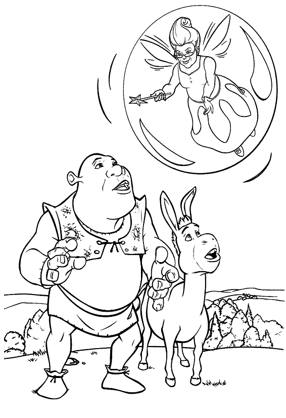 Shrek, Donkey and Fairy Coloring Page