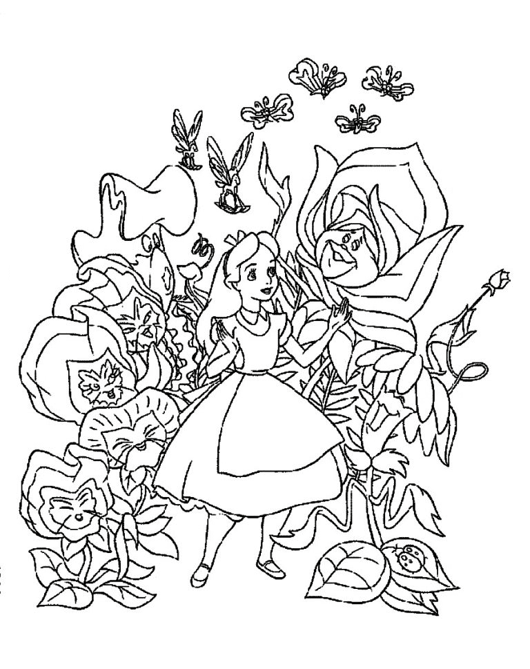 Speaking Flowers and Alice in Wonderland Coloring Page