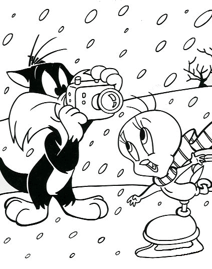 Sylvester Taking Picture of Tweety Coloring Page