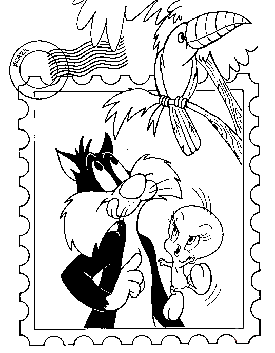 Sylvester en Tweety Postkaart Kleurplaat