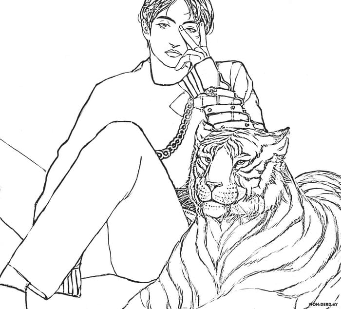 Taehyung with tiger Coloring Pages