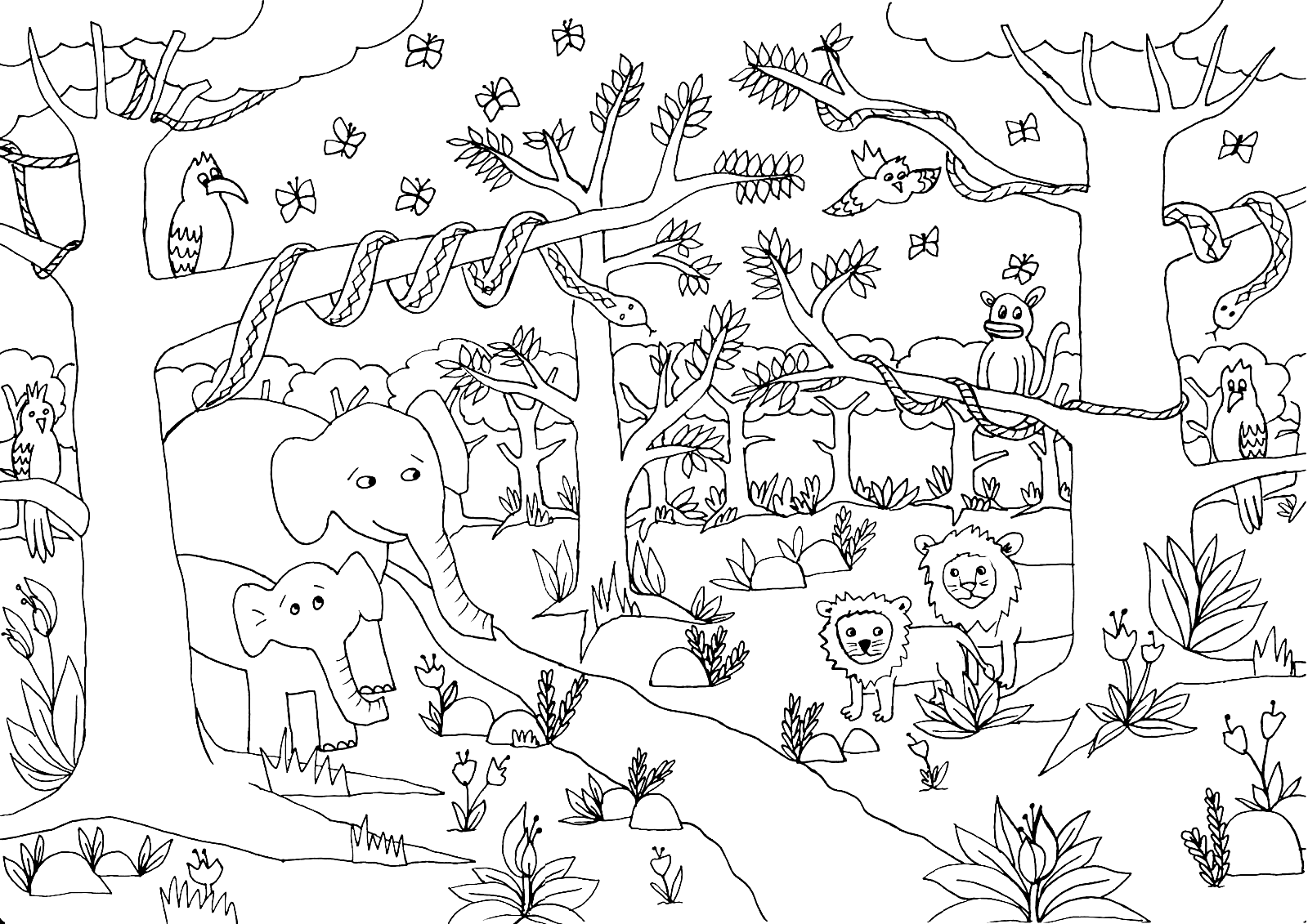 Tropical Animals and Birds Coloring Page