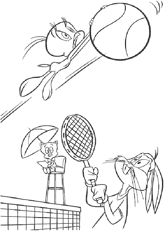 Tweety jouant au tennis des personnages de Looney Tunes