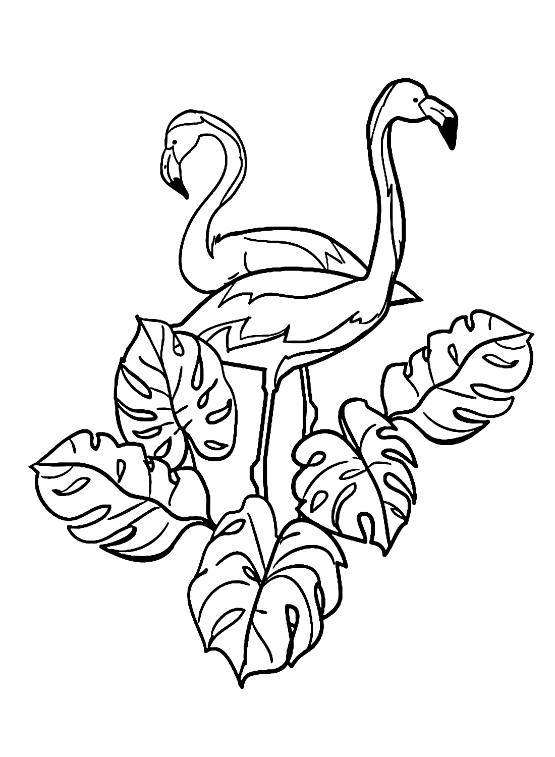 Two Flamingos and Leaves Coloring Page